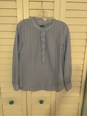 Talbots Blue and White Striped Ruffle Button-Front Blouse